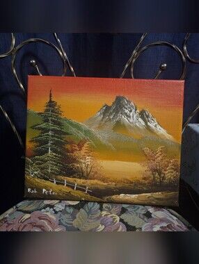 Vintage Original Acrylic Mountain Landscape Painting, Sunset Snow Peak Wall Art